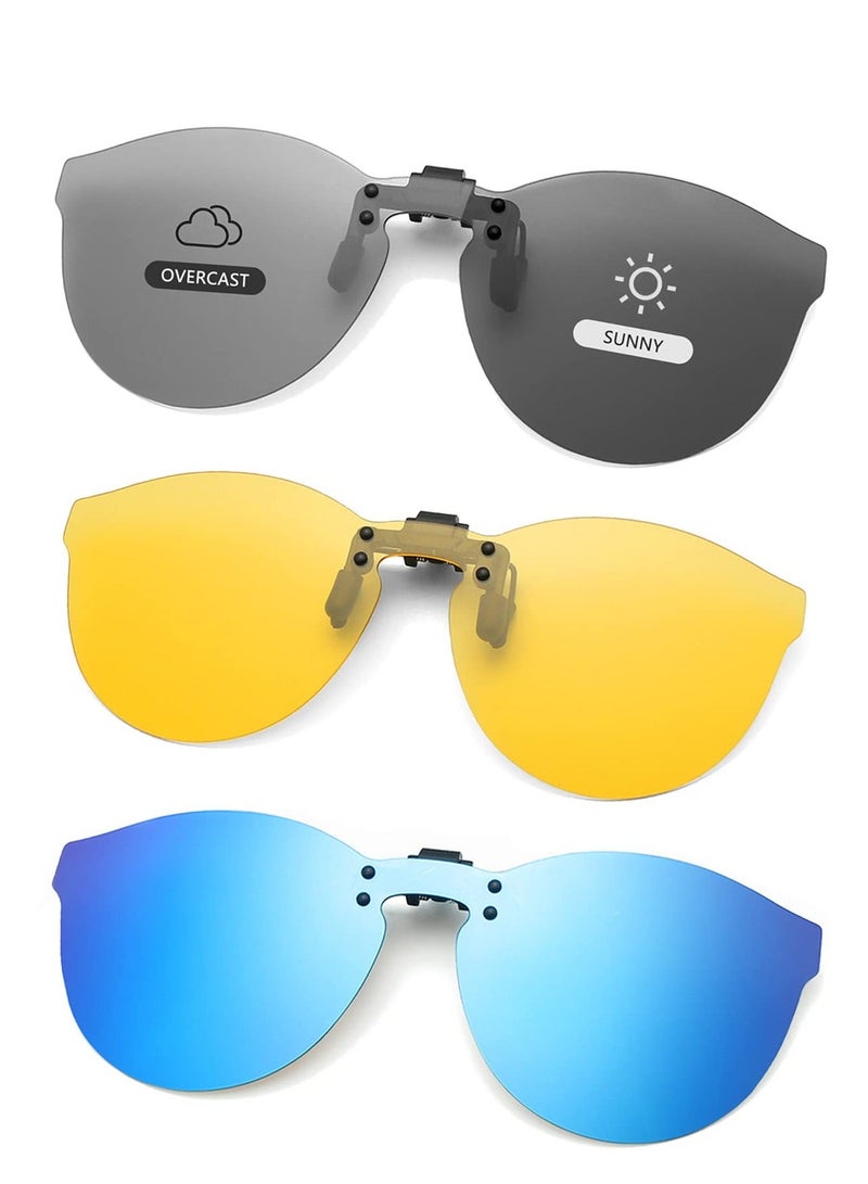 3 Pair Clip On Sunglasses - Polarised Clip-on Sunglasses over Glasses for Women Men Driving Flip up Sunglasses Round Mirrored Clip On Shades UV400 - Image 1
